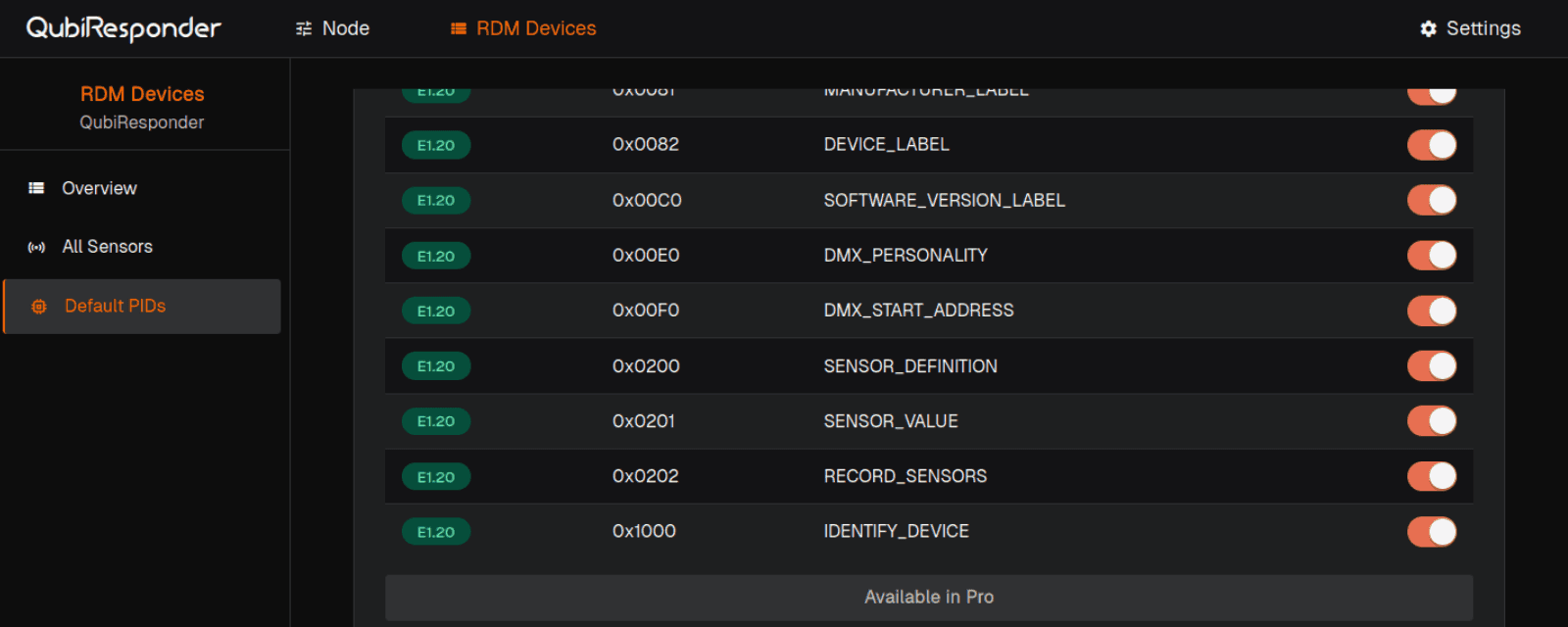 Simulated RDM fixtures in the QubiResponder web interface