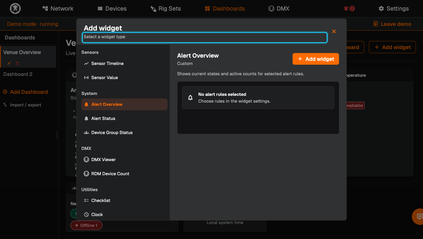 The "Add widget" dialog listing widget types under Sensors, System, DMX and Utilities