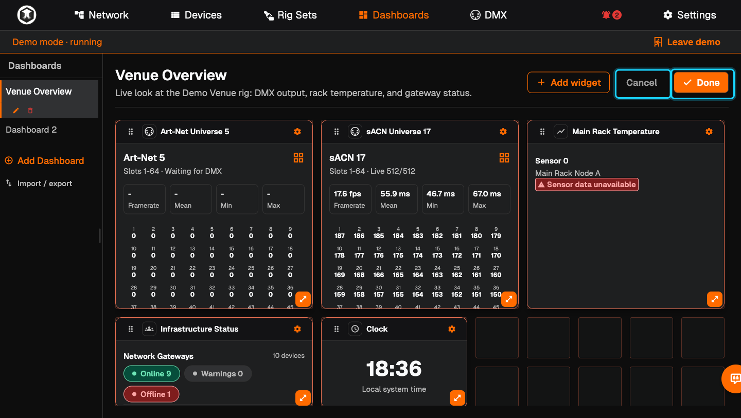 A dashboard in edit mode with the "Cancel" and "Done" buttons highlighted