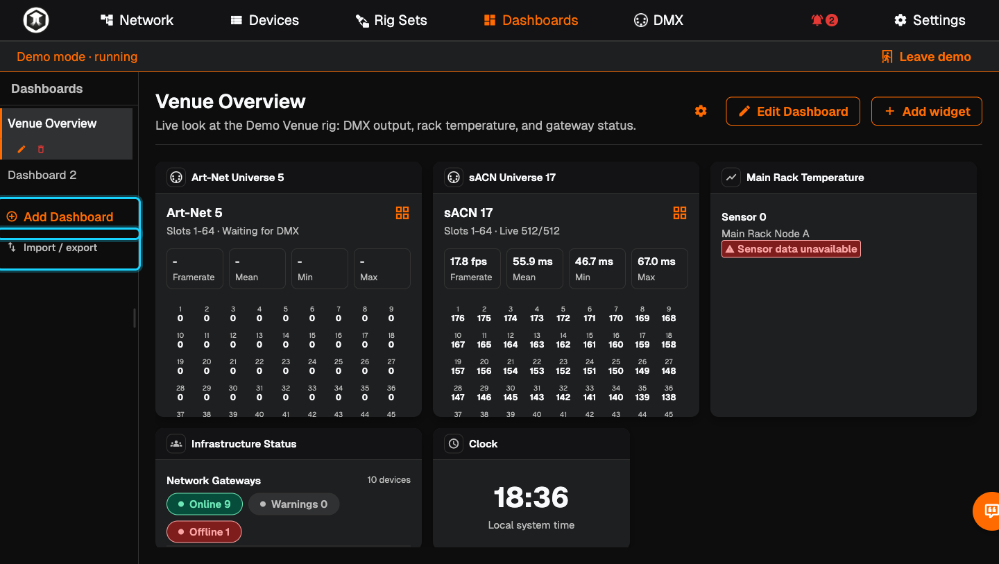 The dashboards sidebar with "Add Dashboard" and "Import / export" highlighted