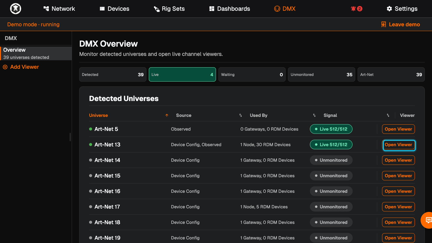 The "Detected Universes" list with an "Open Viewer" button highlighted