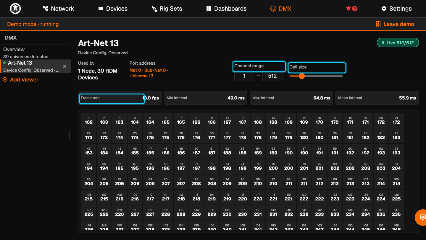 A DMX viewer for Art-Net 13 with "Frame rate", "Channel range" and "Cell size" highlighted above the channel grid