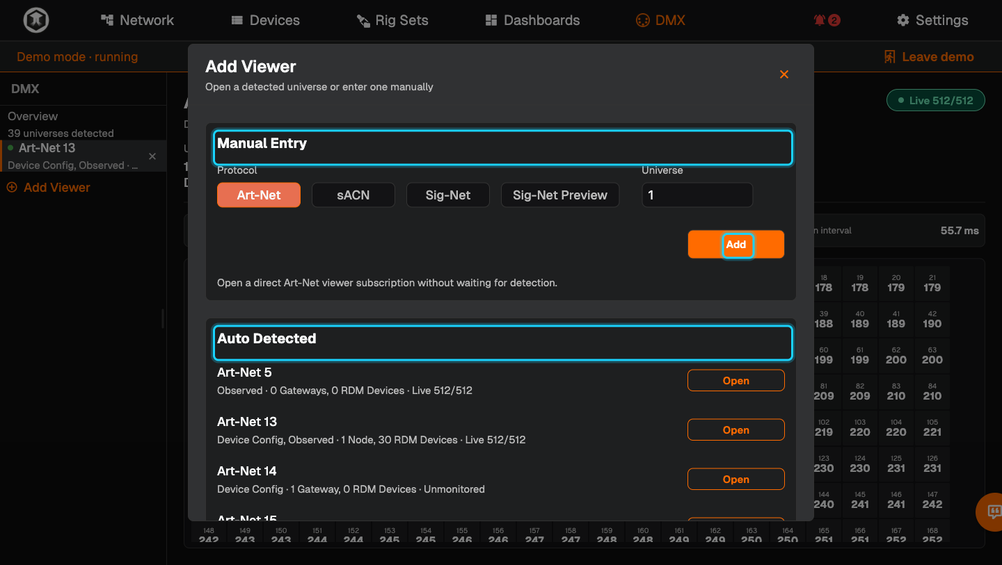 The "Add Viewer" dialog with "Manual Entry", the "Add" button and "Auto Detected" highlighted