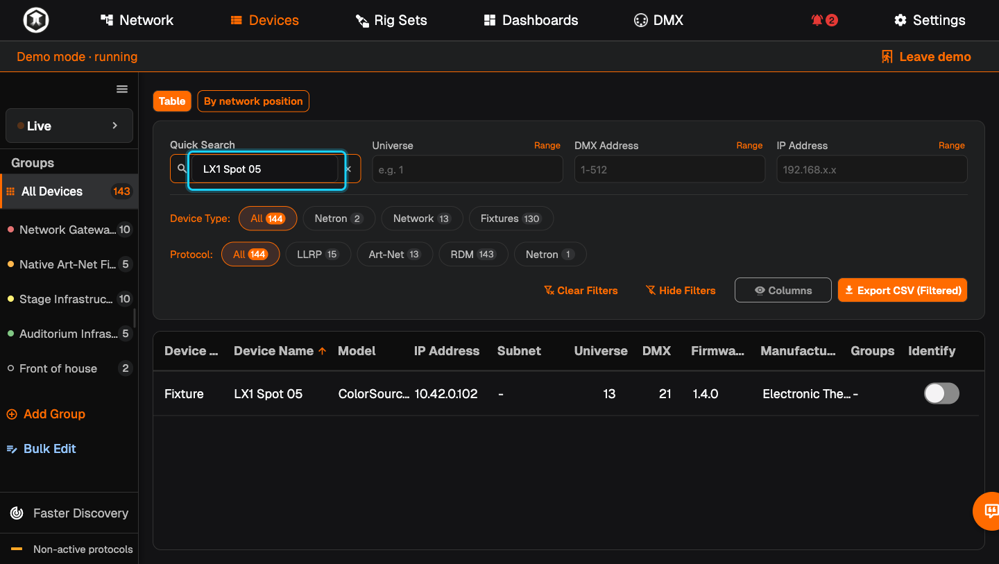 The Devices page with "LX1 Spot 05" typed into "Quick Search"