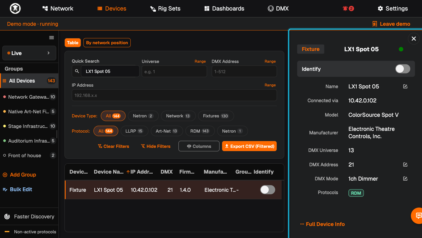 The device panel for the fixture LX1 Spot 05, showing name, model, universe, DMX address and DMX mode