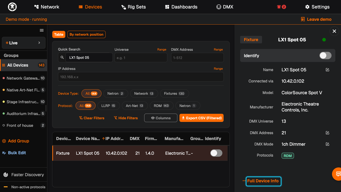 The device panel with "Full Device Info" highlighted
