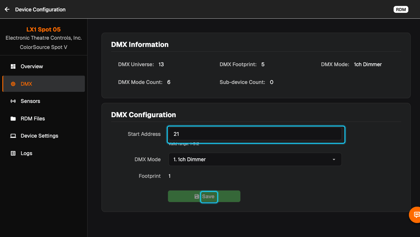 Device Configuration, DMX, with the "Start Address" field and the "Save" button highlighted