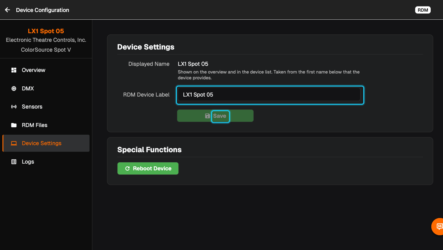 Device Configuration, Device Settings, with the "RDM Device Label" field and the "Save" button highlighted