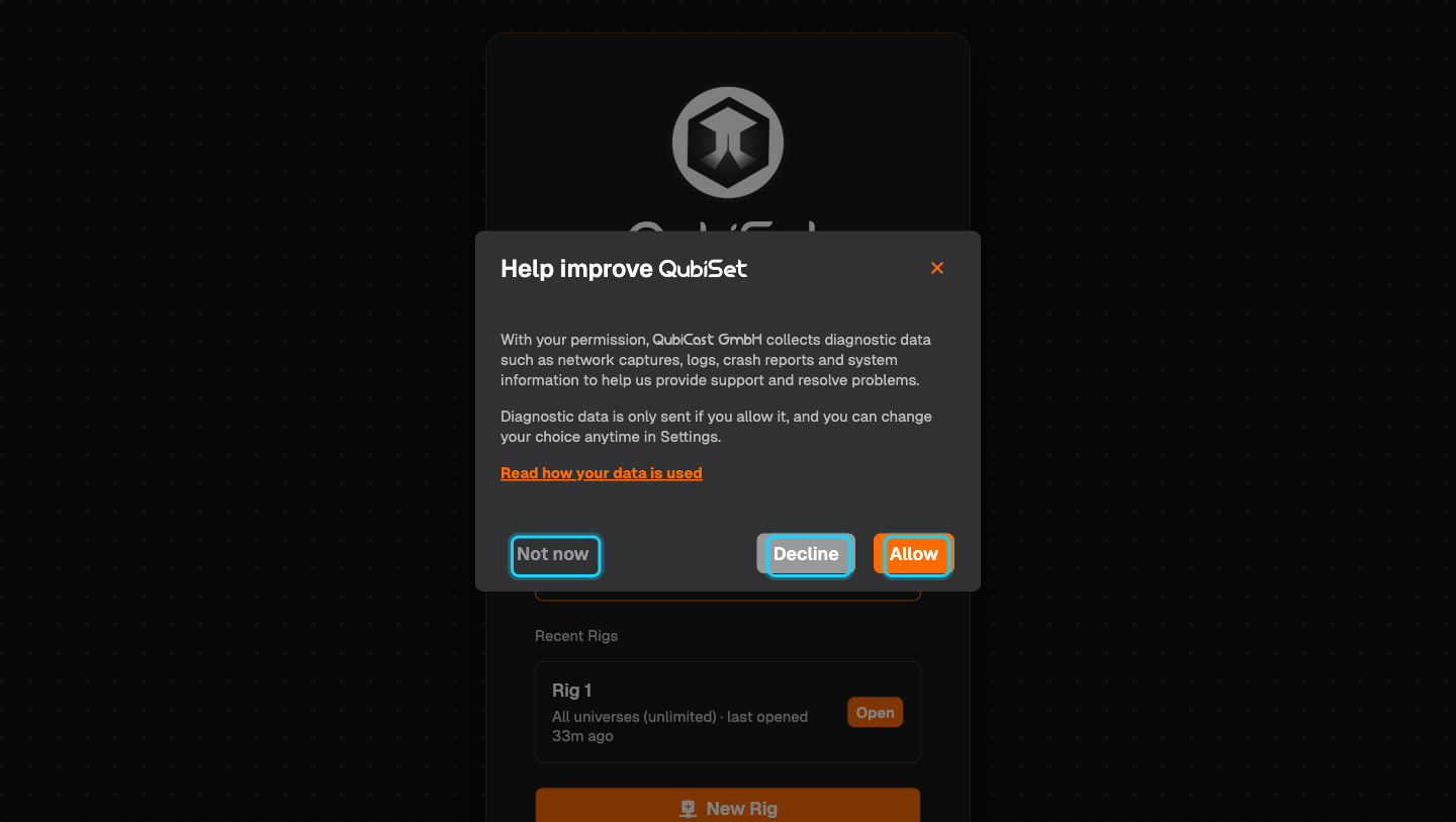 The "Help improve QubiSet" dialog with the buttons Not now, Decline and Allow highlighted