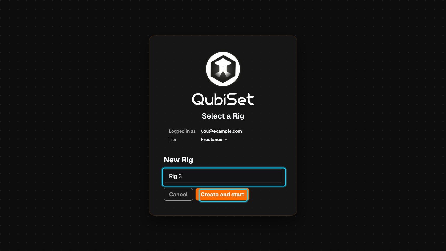 The New Rig form with the Rig name field and the "Create and start" button highlighted