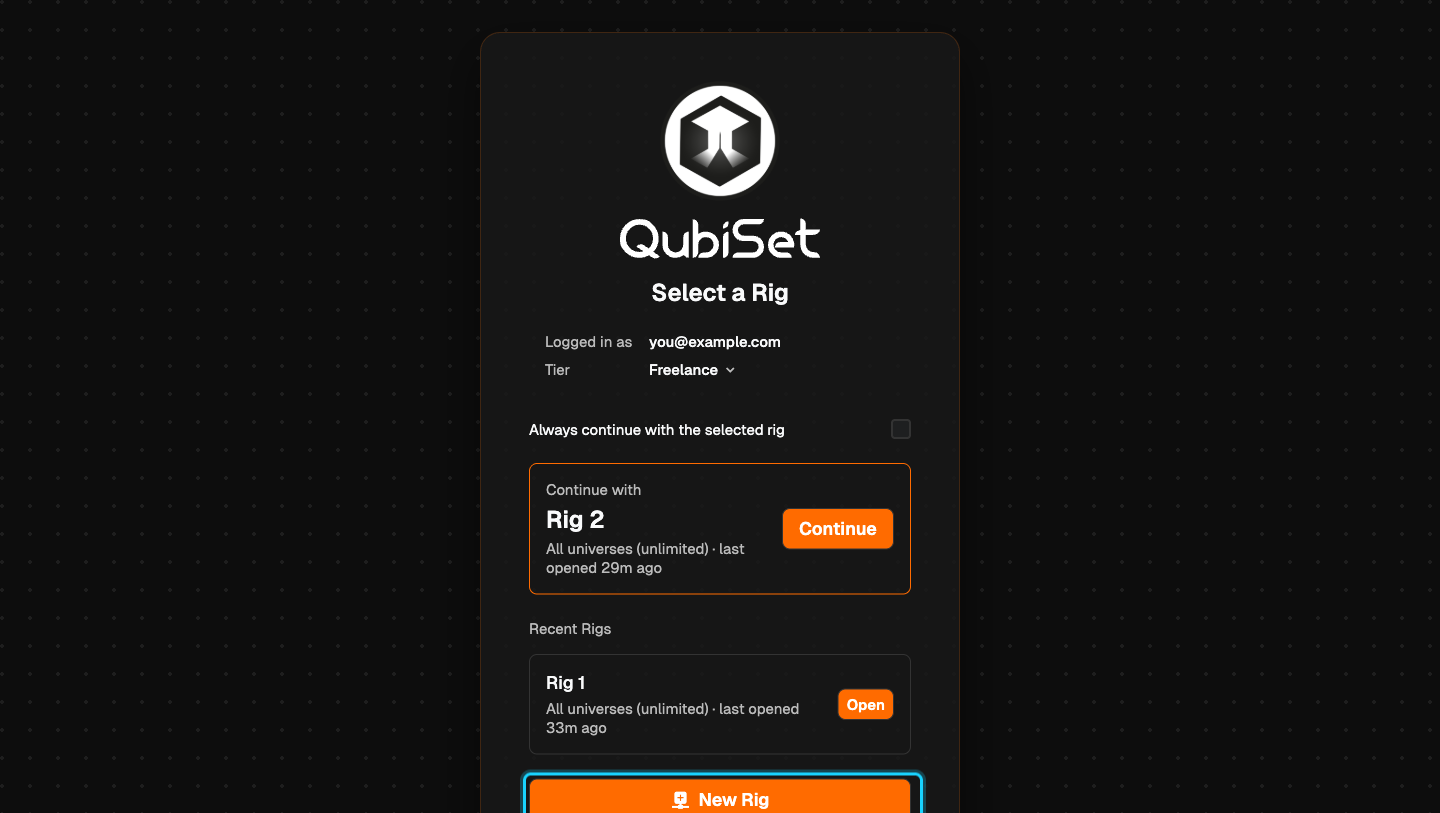The "Select a Rig" screen with the "New Rig" button highlighted