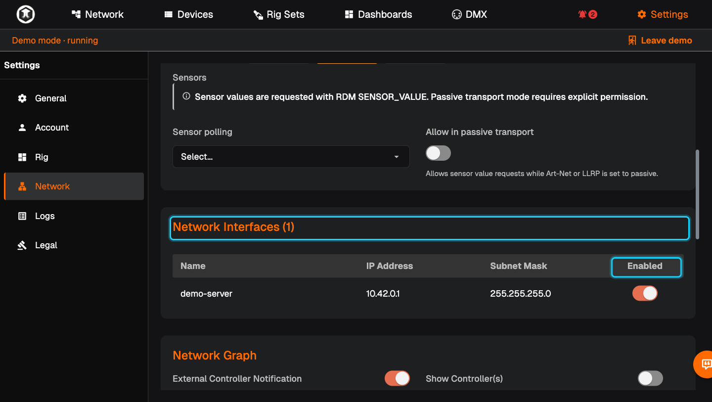 Settings, Network, with the "Network Interfaces" table and its "Enabled" column highlighted (shown in the Demo Rig)