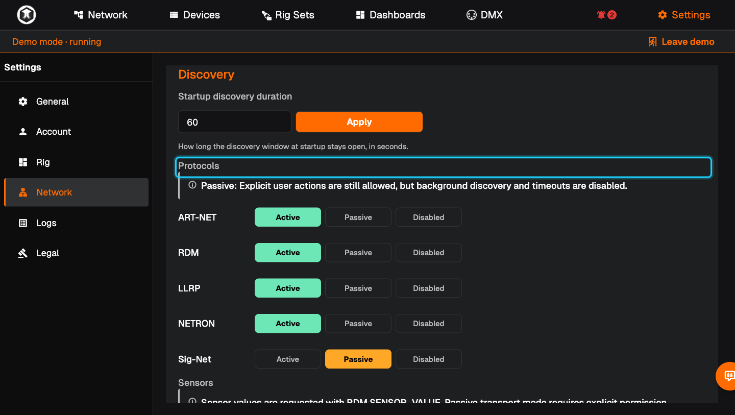 Settings, Network, with the "Protocols" section highlighted