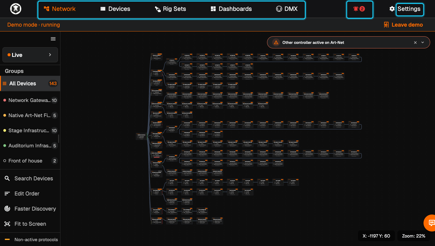 The QubiSet top bar with the tabs Network, Devices, Rig Sets, Dashboards and DMX, the bell and Settings highlighted