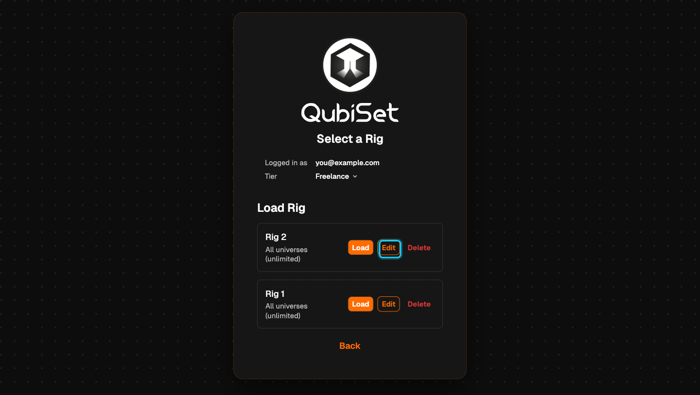 The "Load Rig" list with the "Edit" button of a Rig highlighted