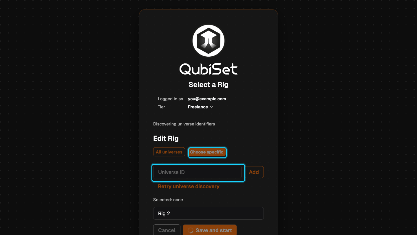 The Edit Rig form with "Choose specific" and the "Universe ID" field highlighted