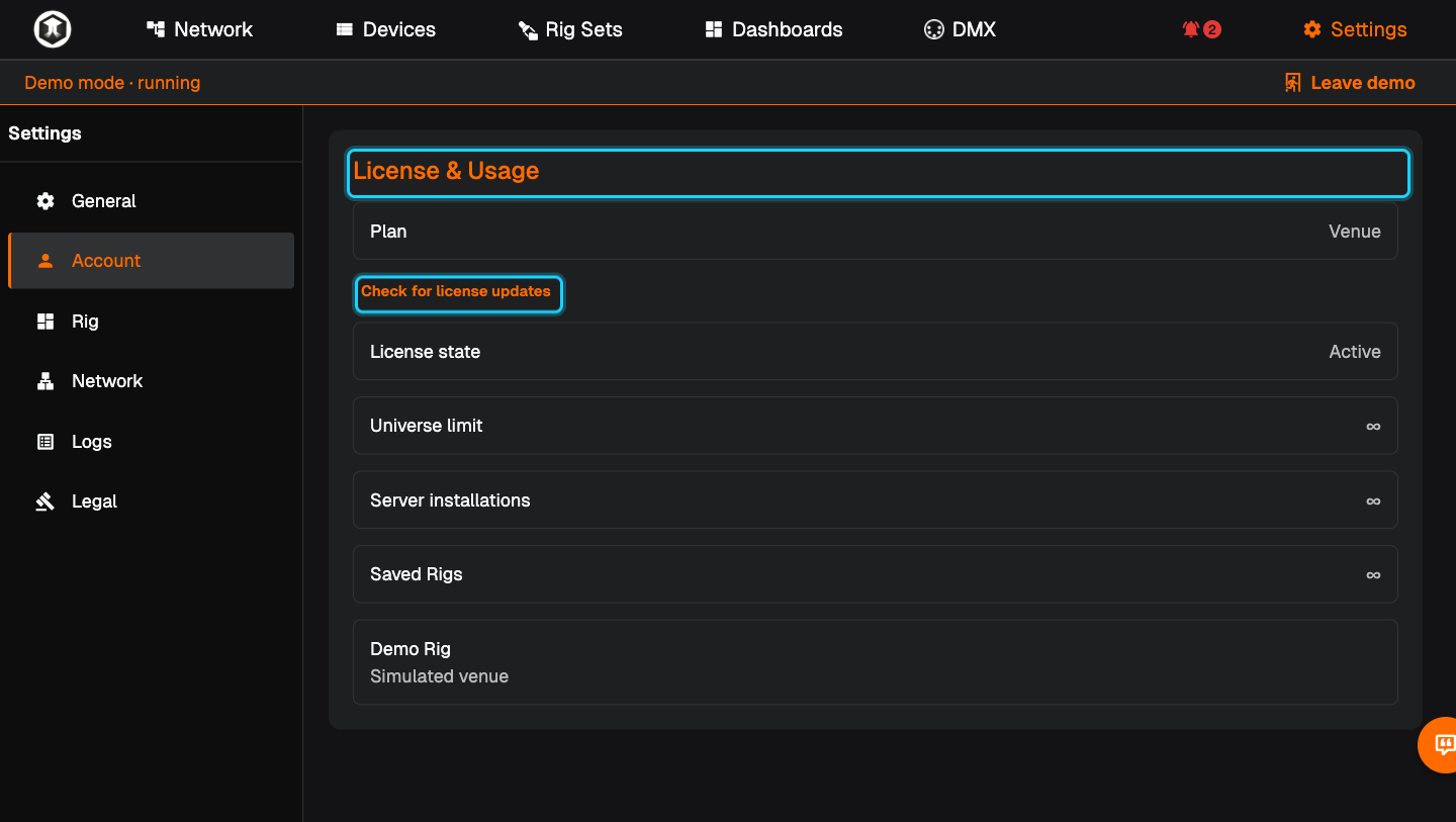 Settings, Account, with "License & Usage" and "Check for license updates" highlighted (shown in the Demo Rig)