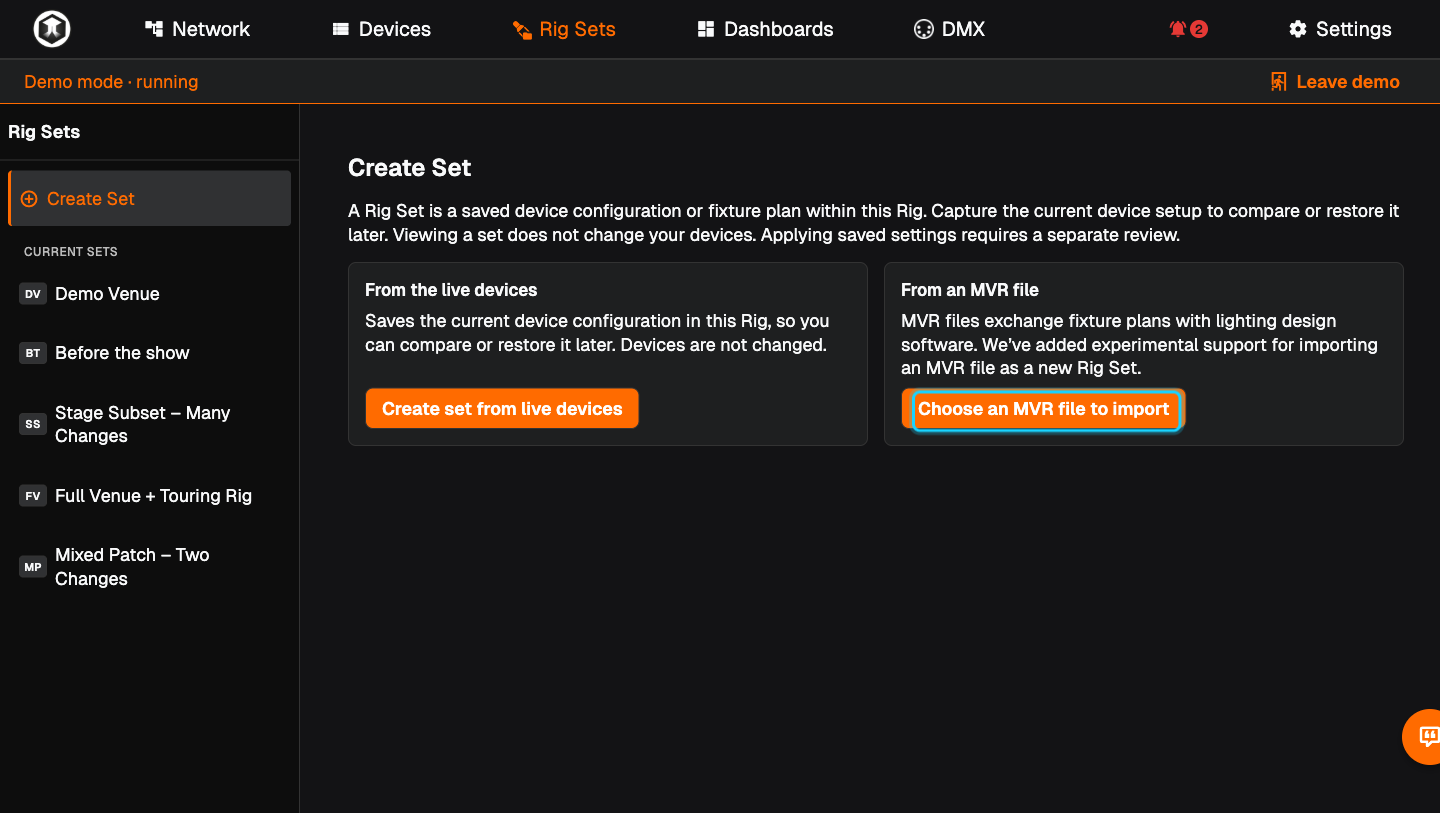 The Create Set page with the "Choose an MVR file to import" button highlighted