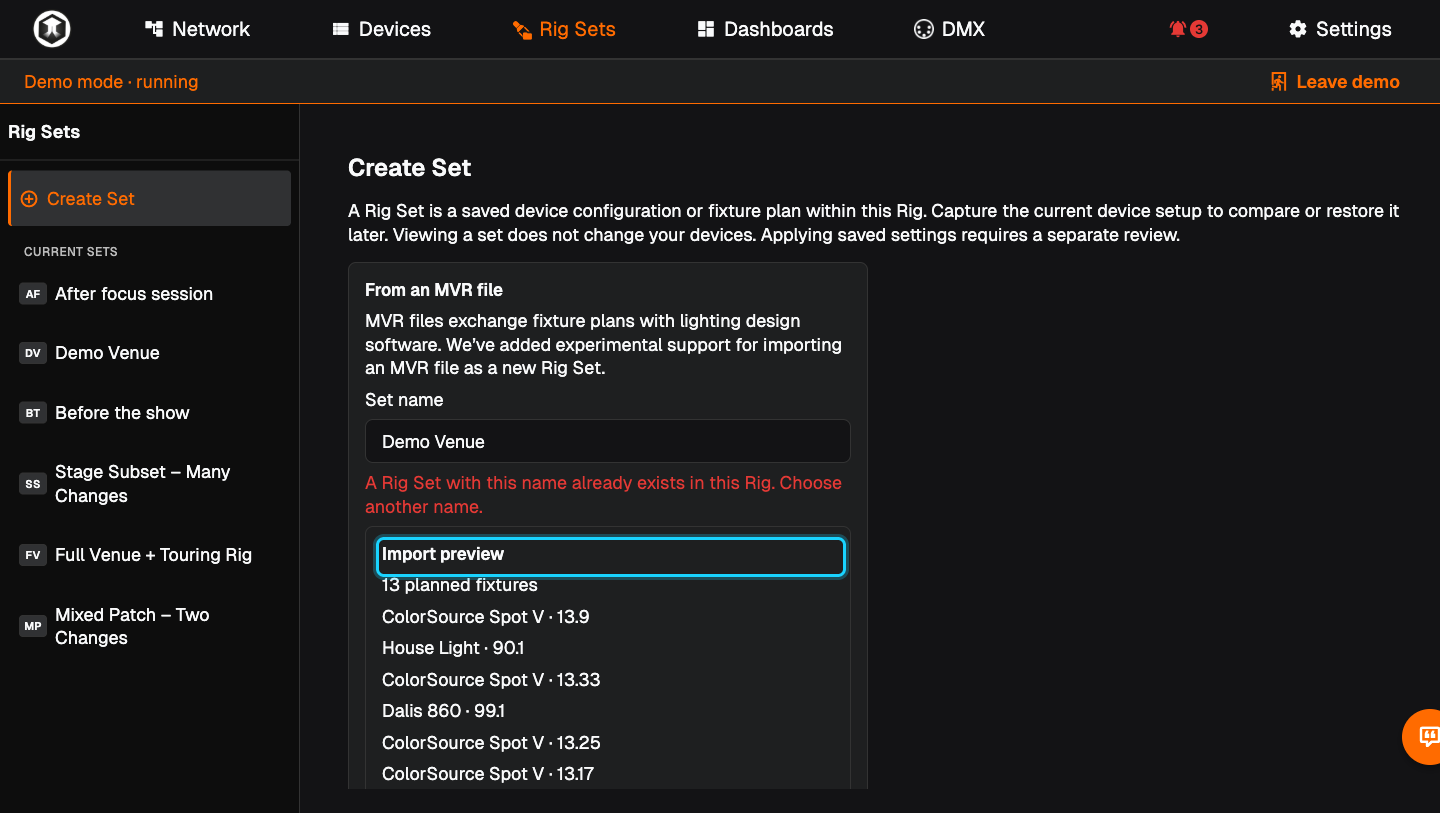 The "Import preview" listing 13 planned fixtures, with the "Create set from MVR" button highlighted