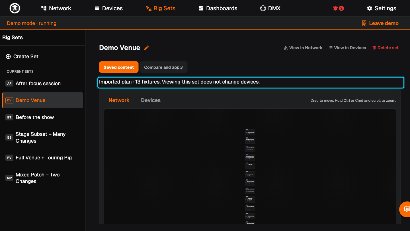 The imported Set on "Saved content", with "Imported plan · 13 fixtures" highlighted