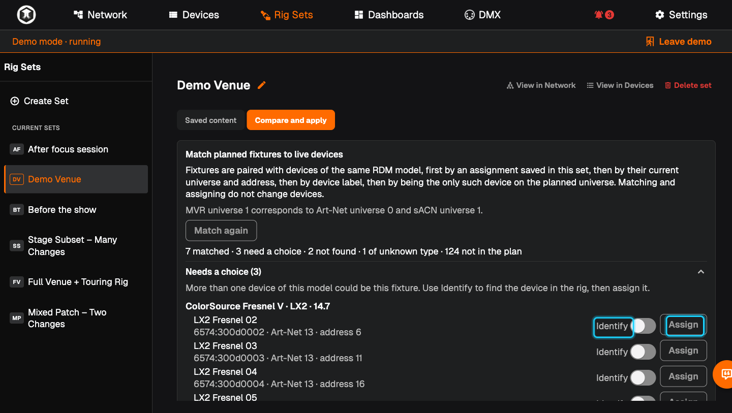 The "Needs a choice" list with the "Identify" and "Assign" buttons of a device highlighted