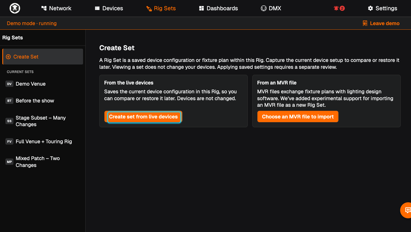 The Create Set page with the "Create set from live devices" button highlighted