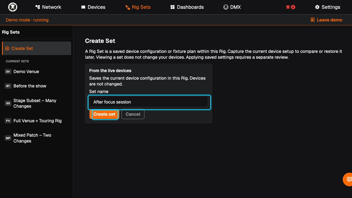 The "Set name" field filled in and the "Create set" button highlighted