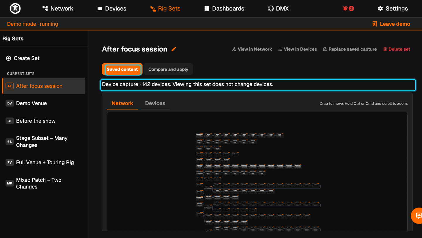 An open Rig Set on the "Saved content" tab, with the tab and the saved device count highlighted