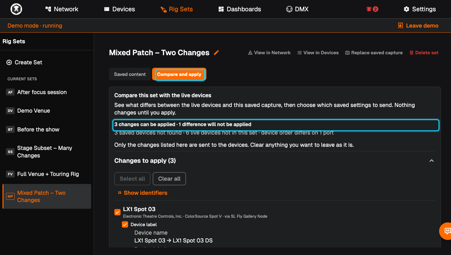 The "Compare and apply" tab with the line "3 changes can be applied · 1 difference will not be applied" highlighted