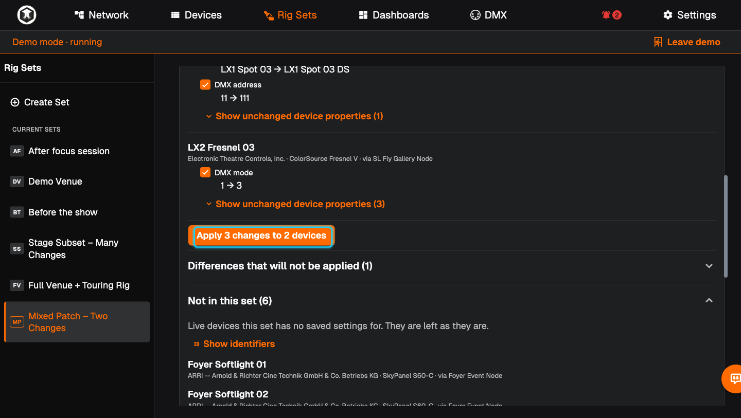 The list of changes with the "Apply 3 changes to 2 devices" button highlighted