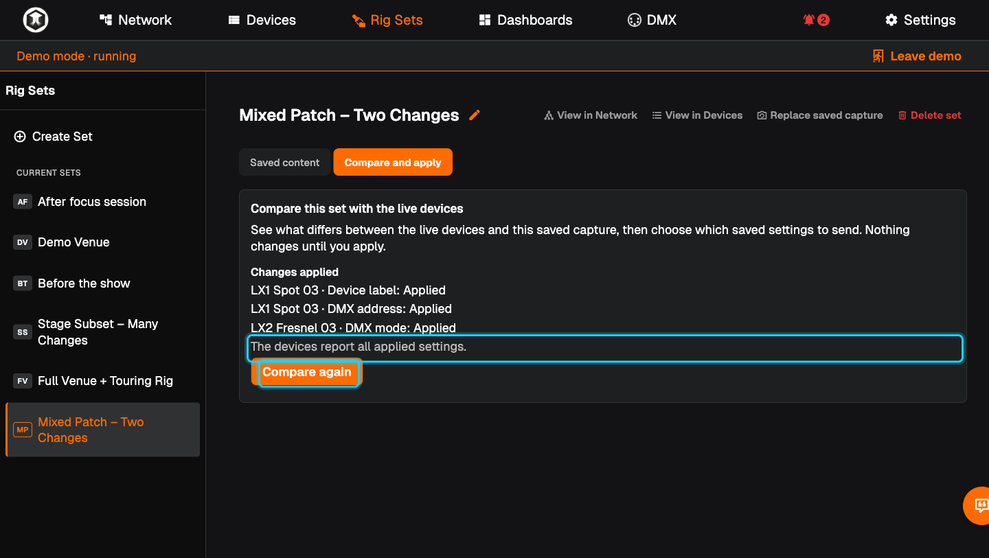 The result "Changes applied" with "The devices report all applied settings." and "Compare again" highlighted