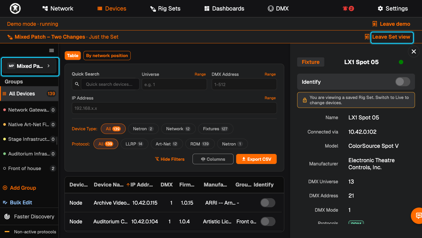 The Devices page viewing a Rig Set, with the selector in the sidebar and "Leave Set view" in the banner highlighted