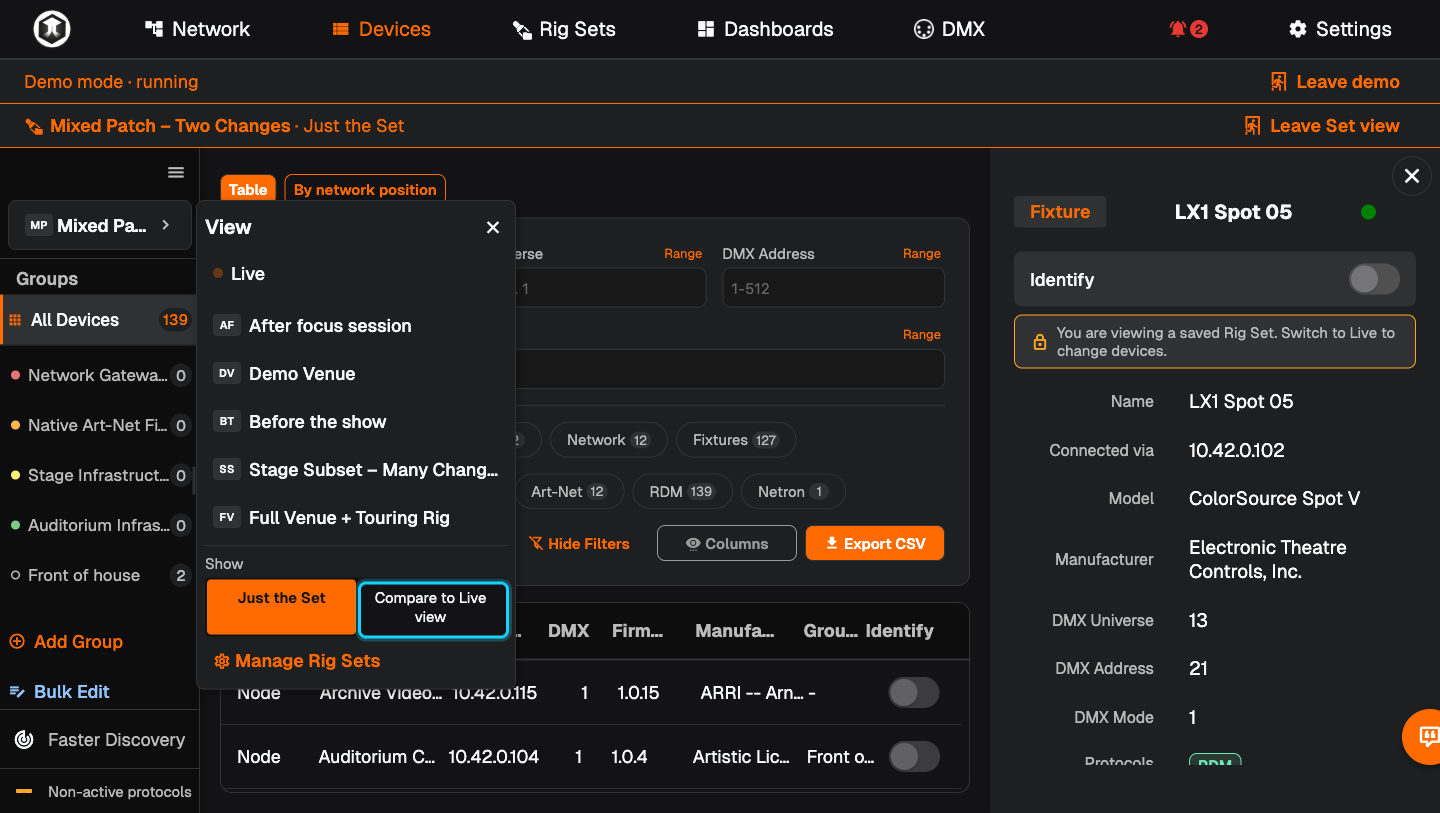 The selector menu with "Compare to Live view" highlighted