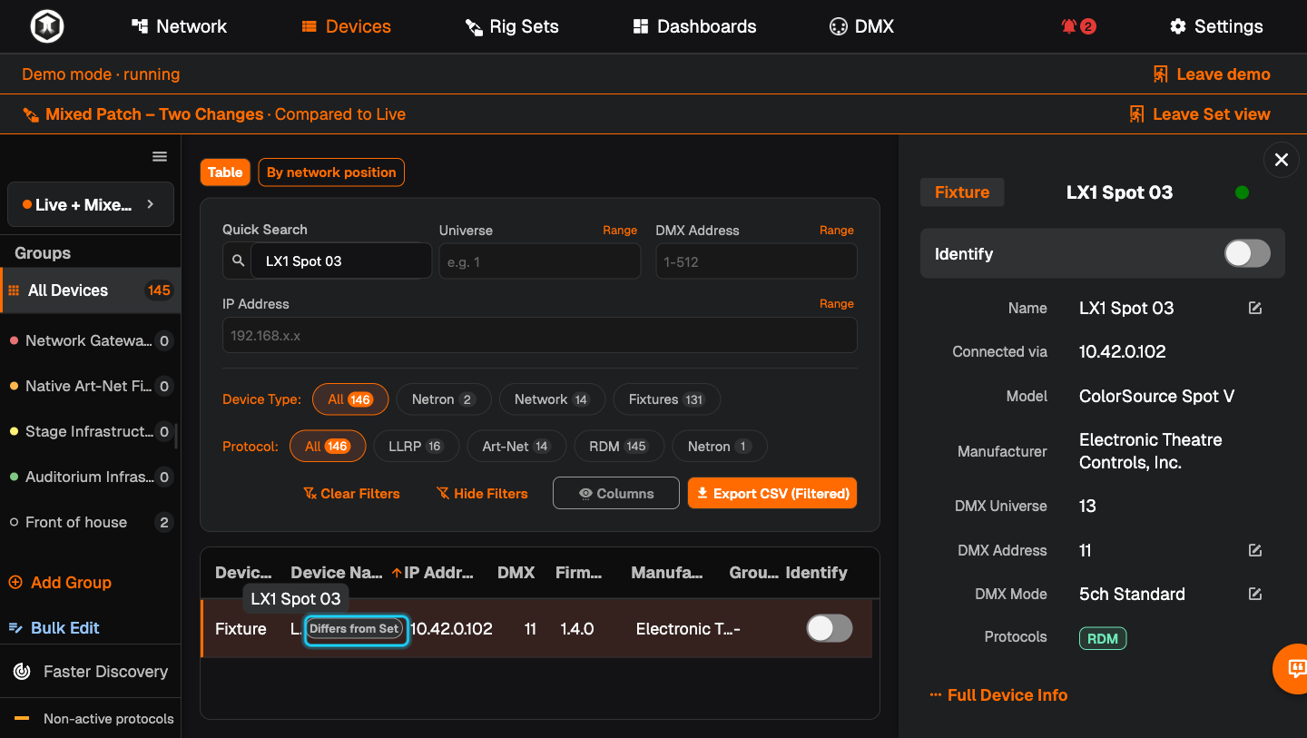 A fixture in the Devices table marked "Differs from Set"
