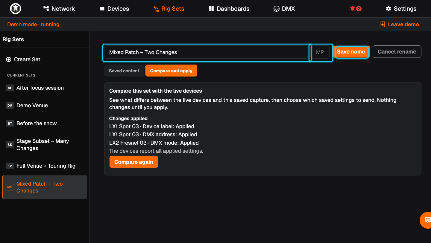 Renaming a Rig Set: the name field, the two-letter mark field and "Save name" highlighted